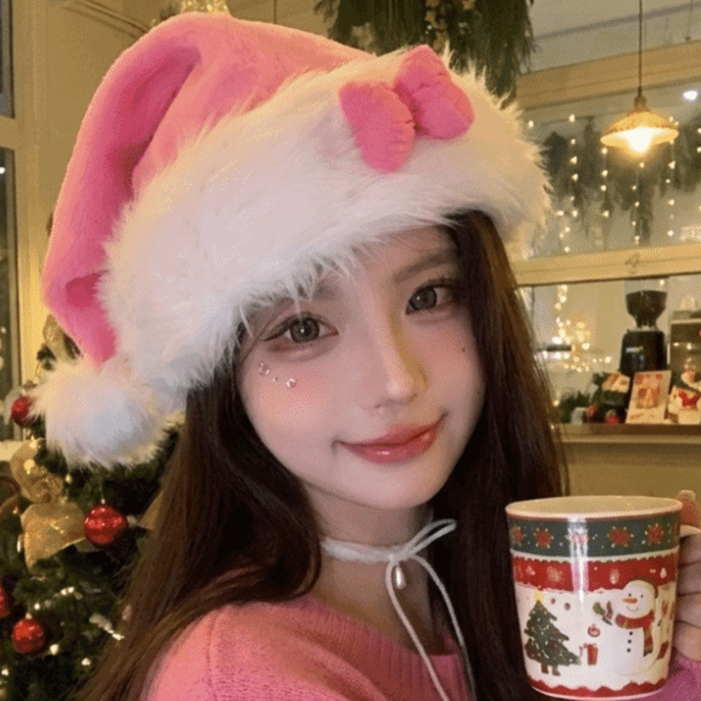 Santa Hat Plush - Elegancki kapelusz świąteczny z różową kokardą